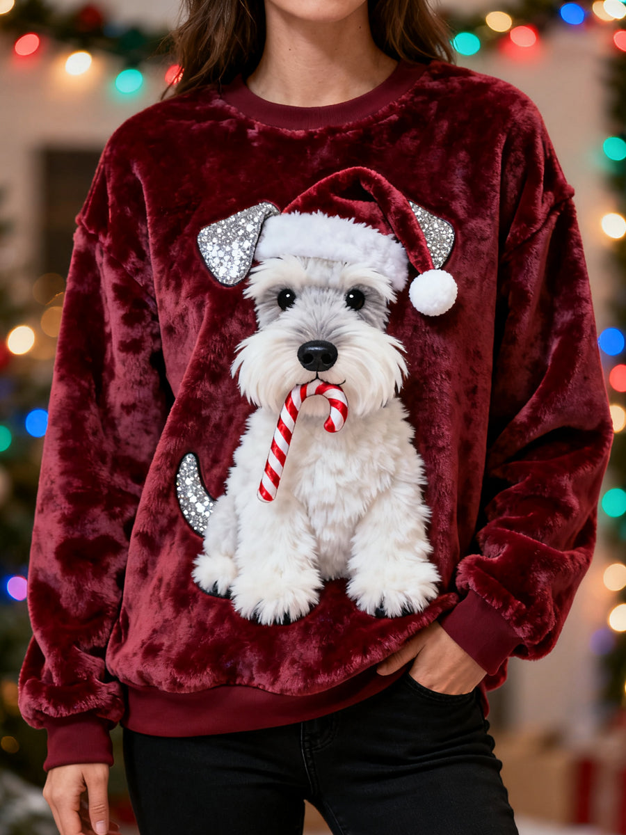 Damen Weihnachten niedlich Schnauzer Print Casual Flanell Sweatshirt