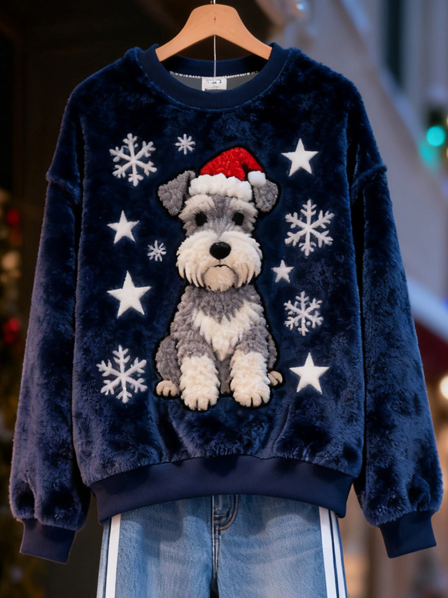 Damen Weihnachten niedlich Schnauzer Print Casual Flanell Sweatshirt