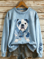 Damen Denim Patchwork Kunst Französische Bulldogge Muster Sweatshirt