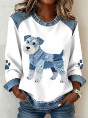 Damen Schnauzer Hunde muster Denim Patchwork Kunst Sweatshirt