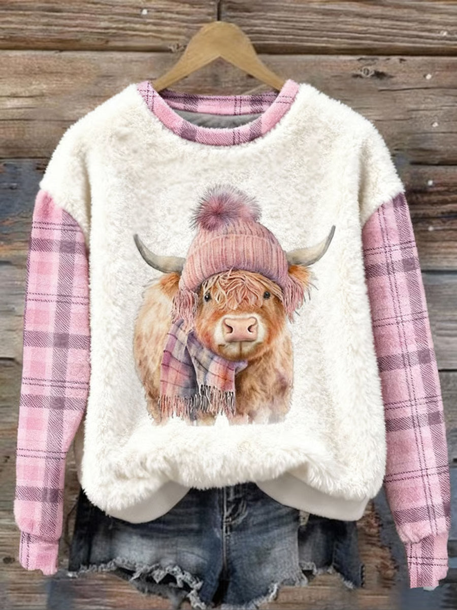Damen-Sweatshirt mit Niedliches Highland-Kuh-Karo-Print, lässig, Flanell