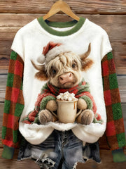 Damen-Sweatshirt mit Niedliches Highland-Kuh-Karo-Print, lässig, Flanell