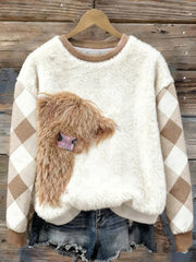 Damen-Sweatshirt mit Niedliches Highland-Kuh-Karo-Print, lässig, Flanell