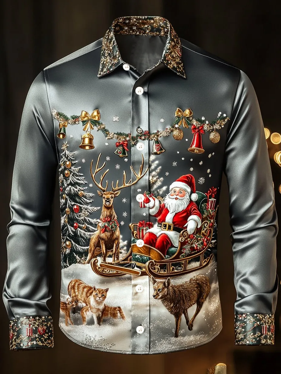 Weihnachts bedrucktes Satin-Shirt für Männer