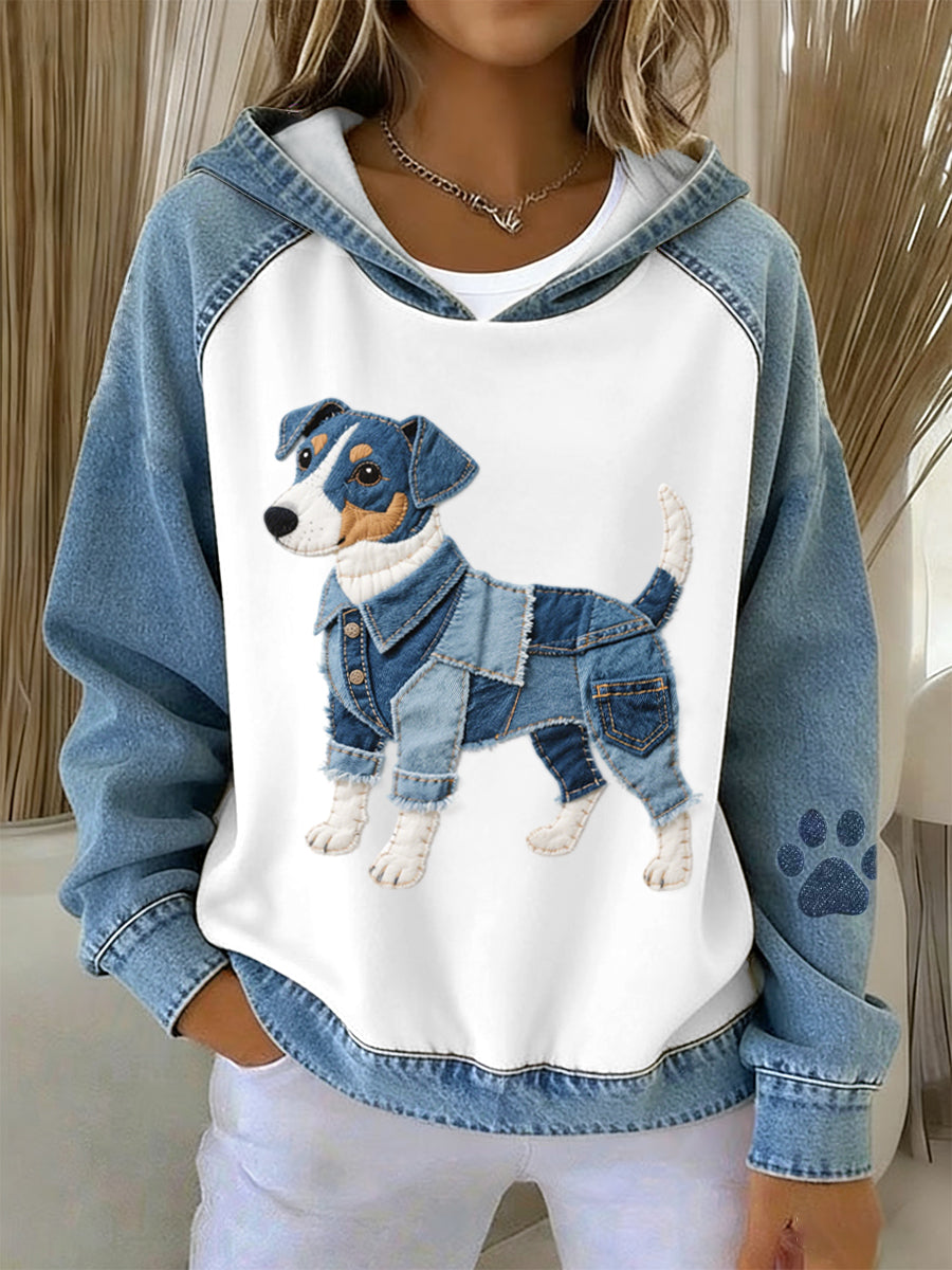 Damen Denim Patchwork Kunst Jack Russell Terrier Hunde muster Hoodie
