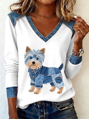 Damen Denim Patchwork Kunst Yorkshire Terrier Hunde muster V-Ausschnitt Langarm T-Shirt