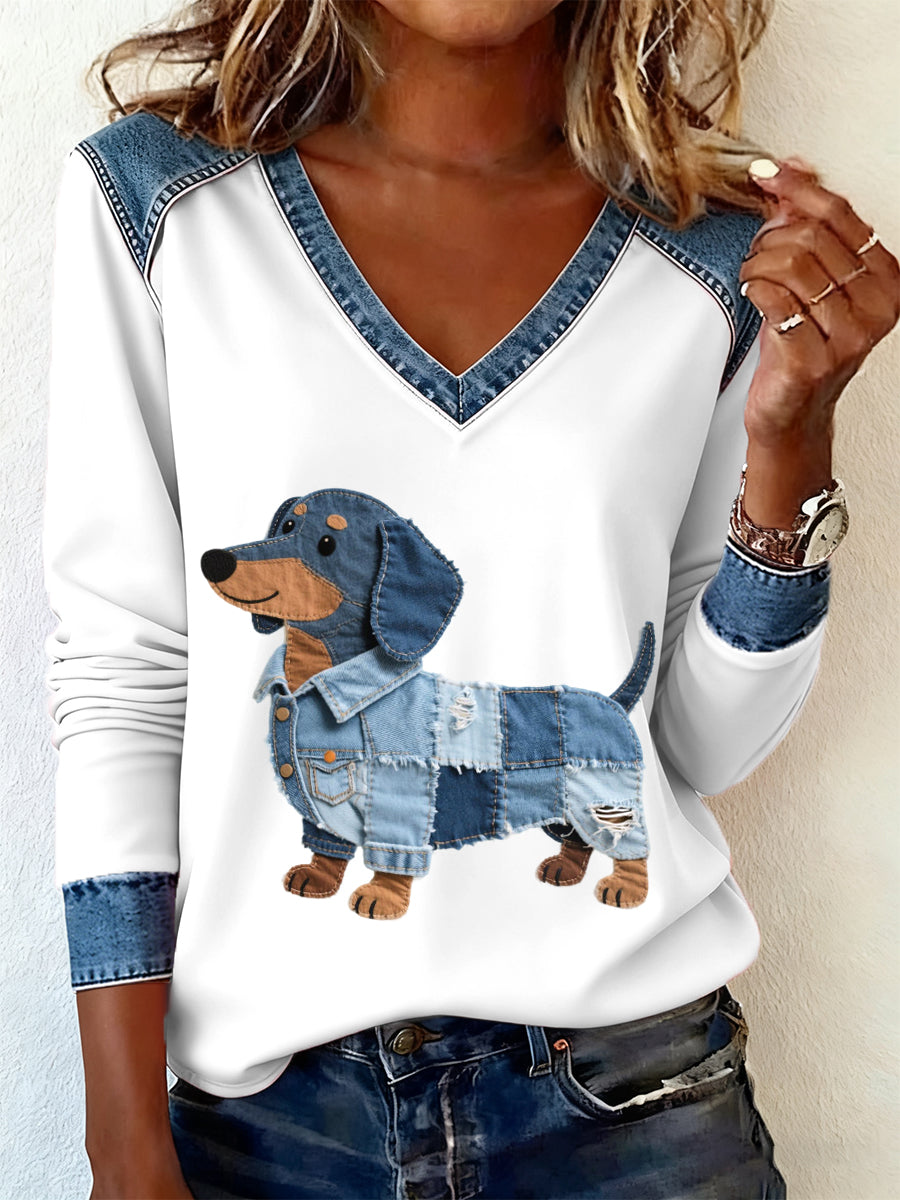 Damen Denim Patchwork Kunst Dackel Hunde muster V-Ausschnitt Langarm T-Shirt