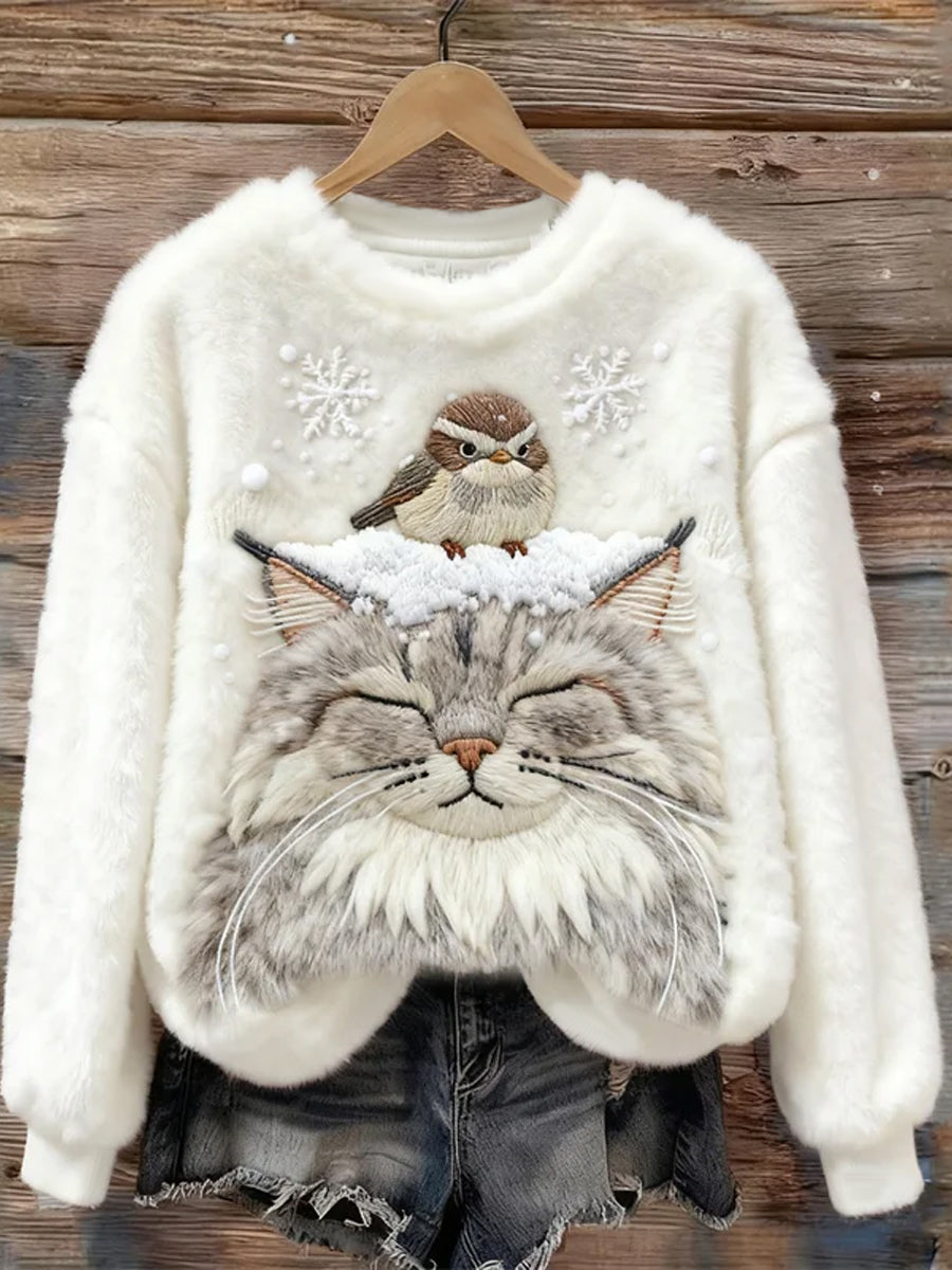 Damen Vogel & Katze im Schnee Gemütlicher Flanell Hoodie