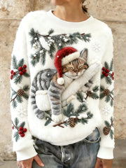 Damen niedlicher Weihnachts katzen Kunstdruck Casual Flanell Hoodie