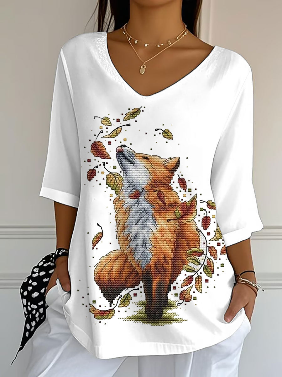 Damen-Herbst blatt Fox bedrucktes V-Ausschnitt-Oberteil