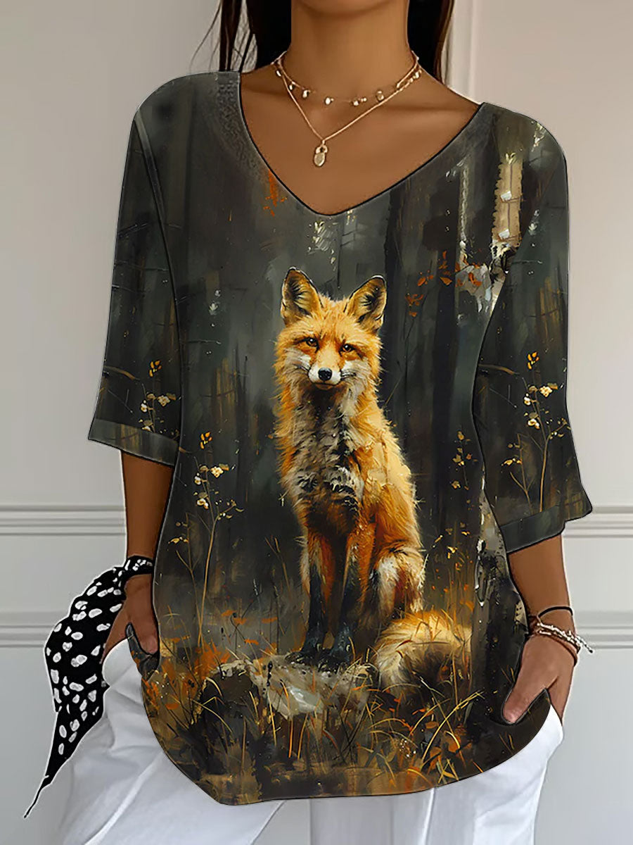 Damen-Herbst blatt Fox bedrucktes V-Ausschnitt-Oberteil