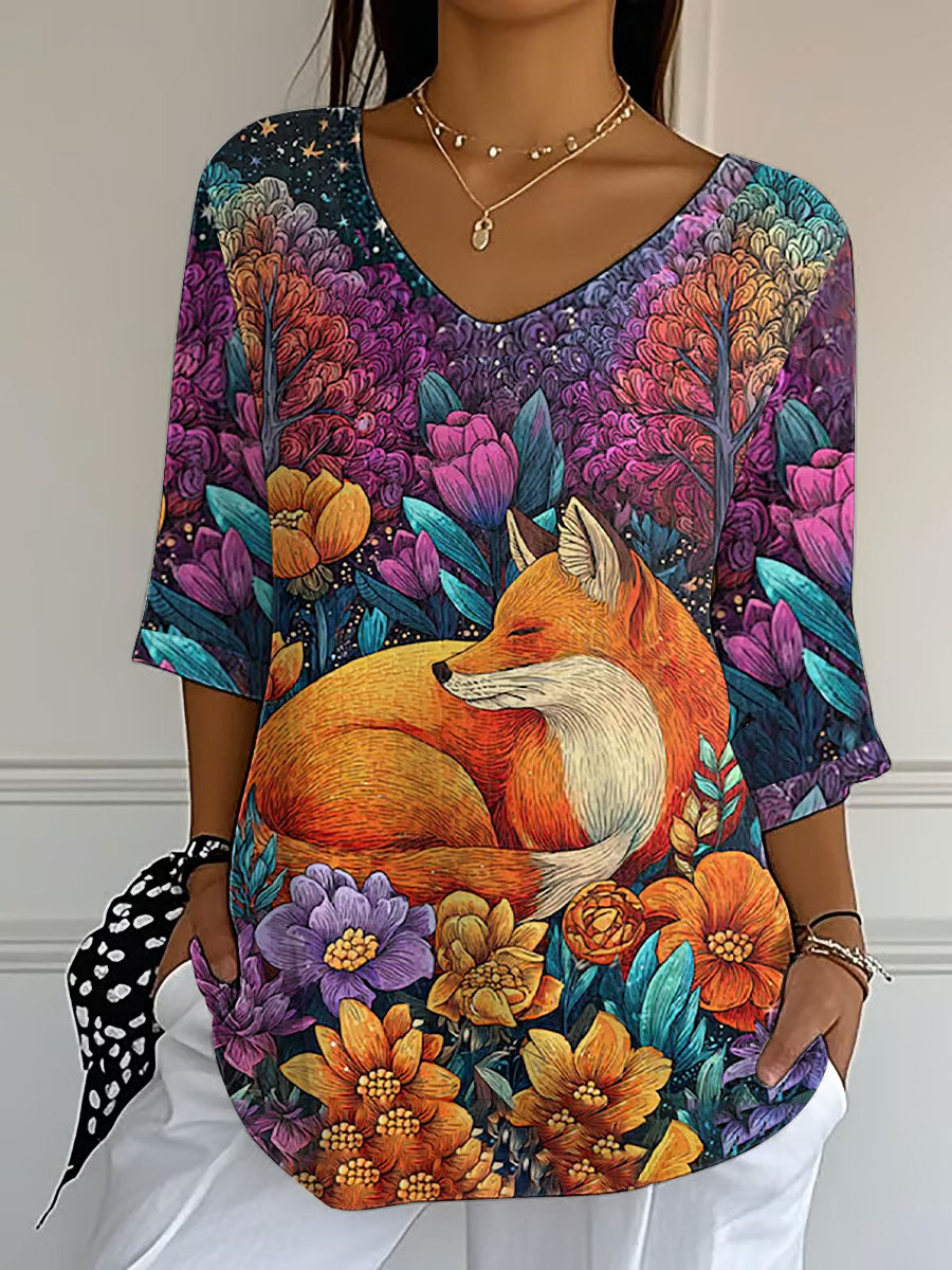 Damen-Herbst blatt Fox bedrucktes V-Ausschnitt-Oberteil