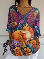 Damen-Herbst blatt Fox bedrucktes V-Ausschnitt-Oberteil