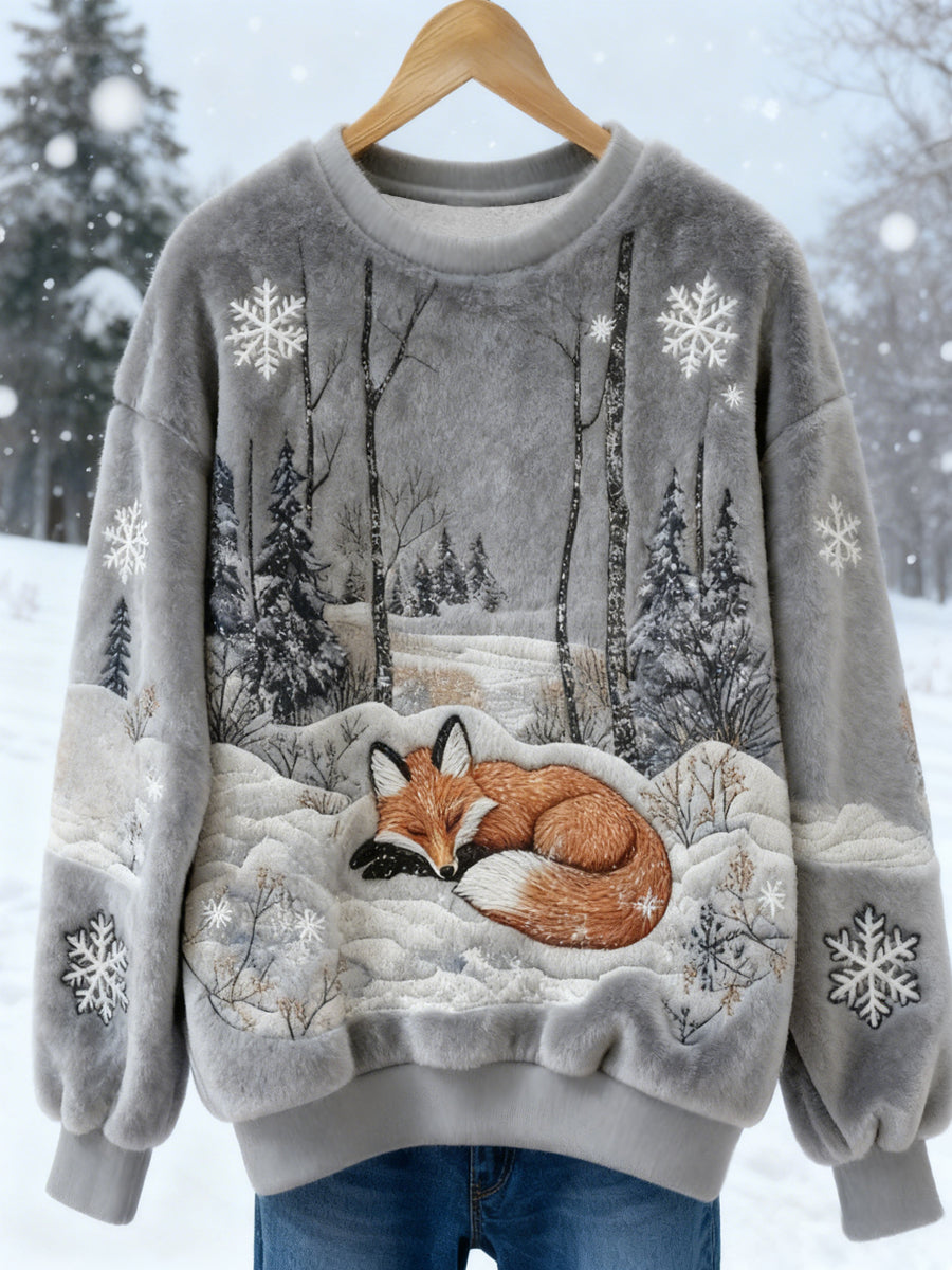 Damen Winter Fox Print Casual Flanell Sweatshirt