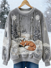 Damen Winter Fox Print Casual Flanell Sweatshirt