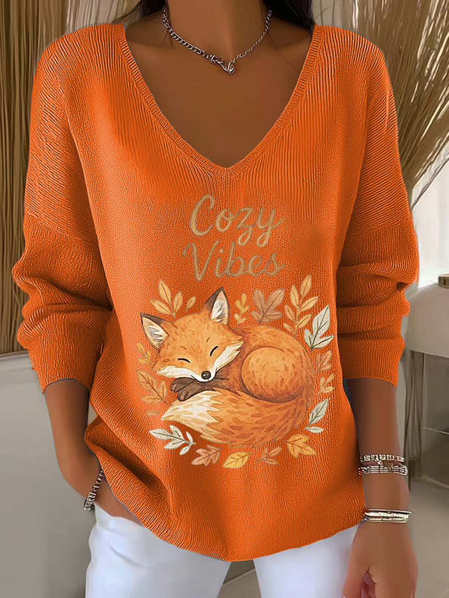 Damen-Herbst blatt Fox bedrucktes V-Ausschnitt-Oberteil