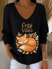 Damen-Herbst blatt Fox bedrucktes V-Ausschnitt-Oberteil