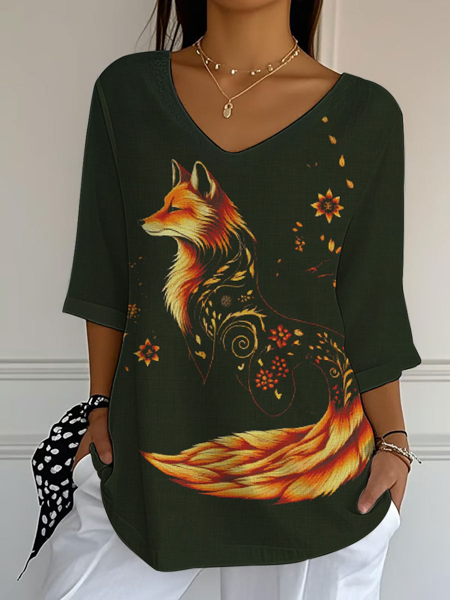 Damen-Herbst blatt Fox bedrucktes V-Ausschnitt-Oberteil