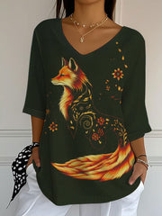Damen-Herbst blatt Fox bedrucktes V-Ausschnitt-Oberteil