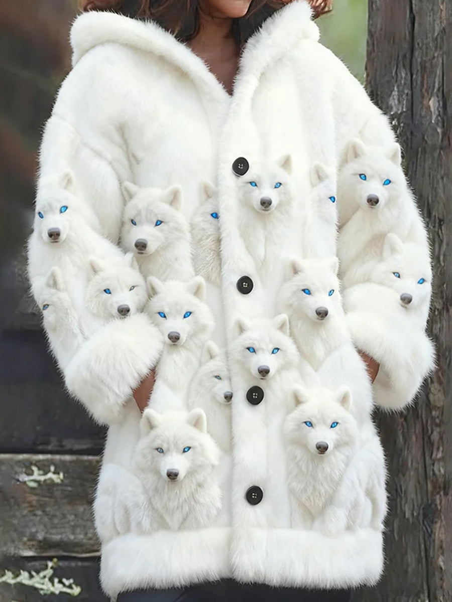 Damen Fox Print Lässiger mittellanger Plüsch-Kapuzen mantel