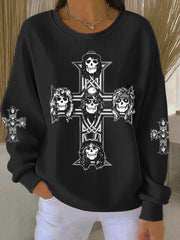 Damen Rock Print Geripptes Rundhals-Sweatshirt