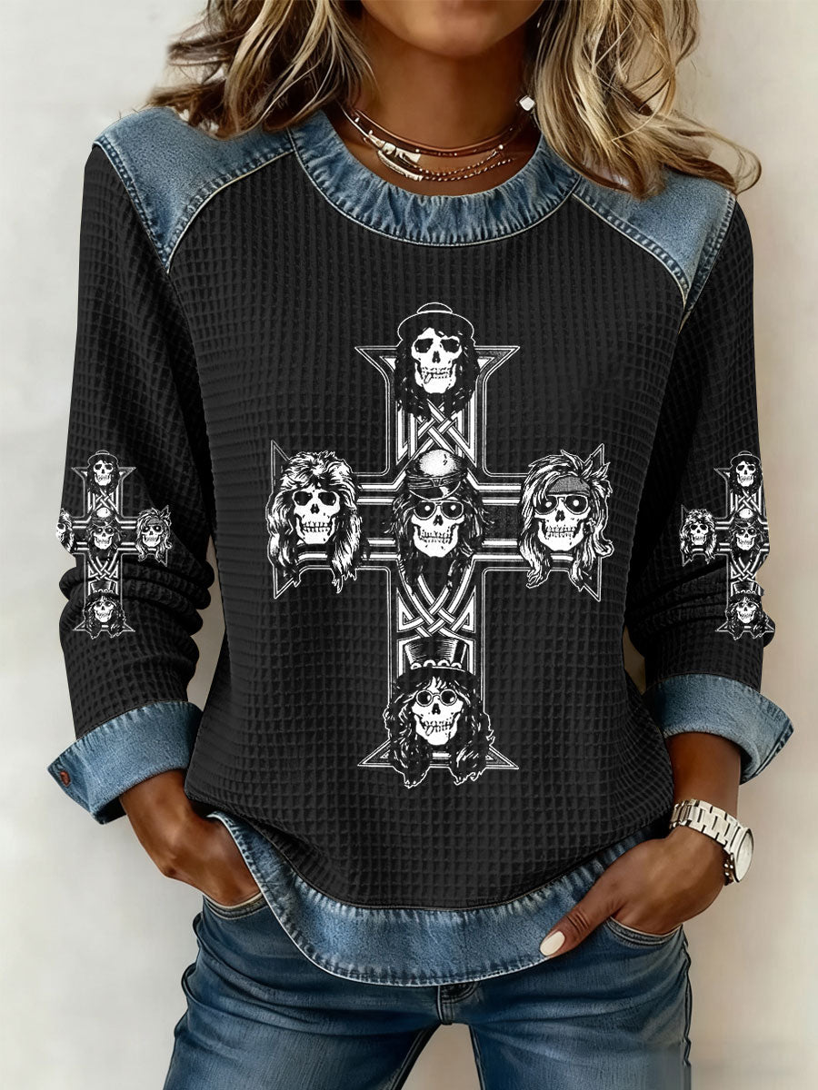 Damen Rock Print Denim Patchwork Top