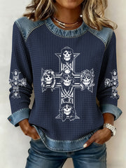 Damen Rock Print Denim Patchwork Top