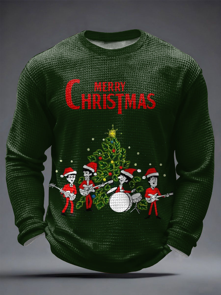 Herren Retro Klassische Legendäre Rock Band Frohe Weihnachten Print Geschenk für Fans Casual Waffel Langarm T-Shirt