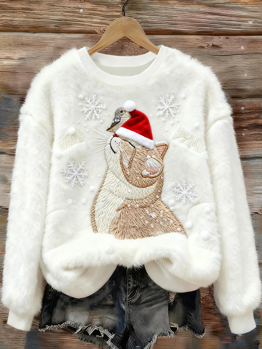 Damen niedliche Weihnachts katze Kunstdruck Casual Flanell Pullover