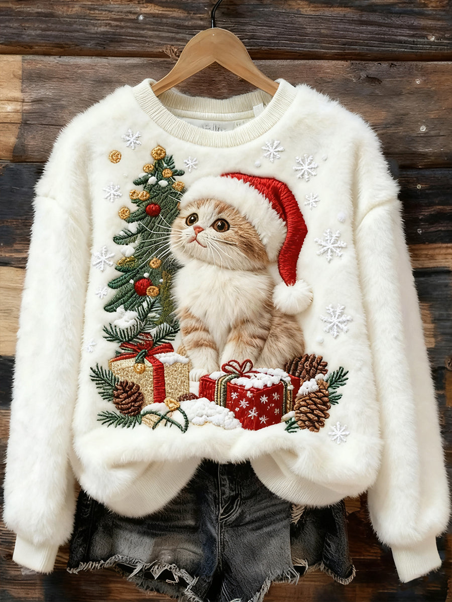 Damen niedliches Weihnachtskatze-Kunstdruck-lässiges Flanell-Sweatshirt