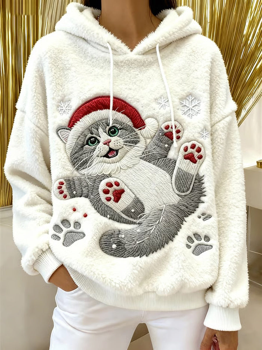 Damen niedlicher Weihnachts katzen Kunstdruck Casual Flanell Hoodie