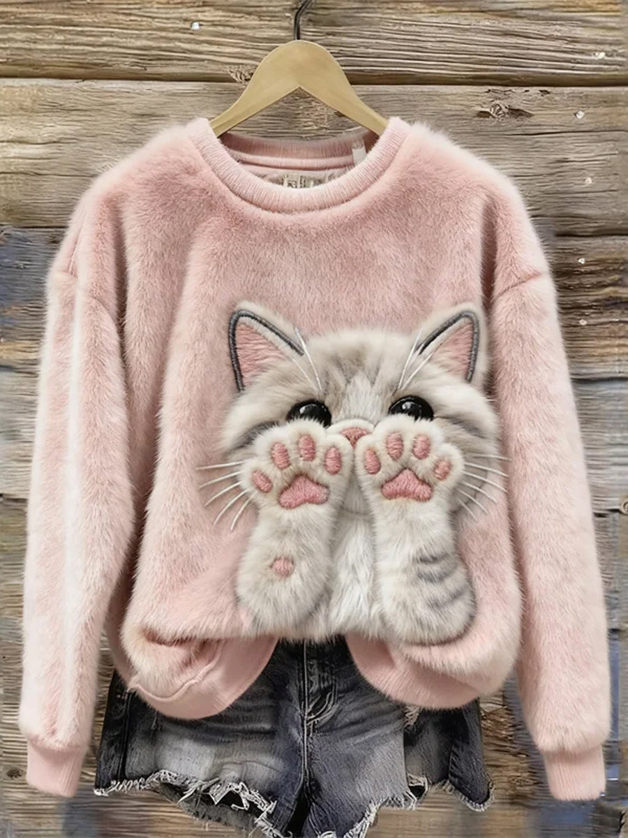 Damen niedliches Katzen-Kunstdruck-lässiges Flanell-Sweatshirt