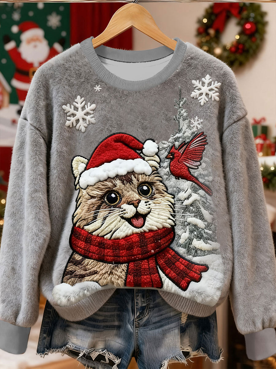 Damen niedliche Weihnachts katze Kunstdruck Casual Flanell Pullover