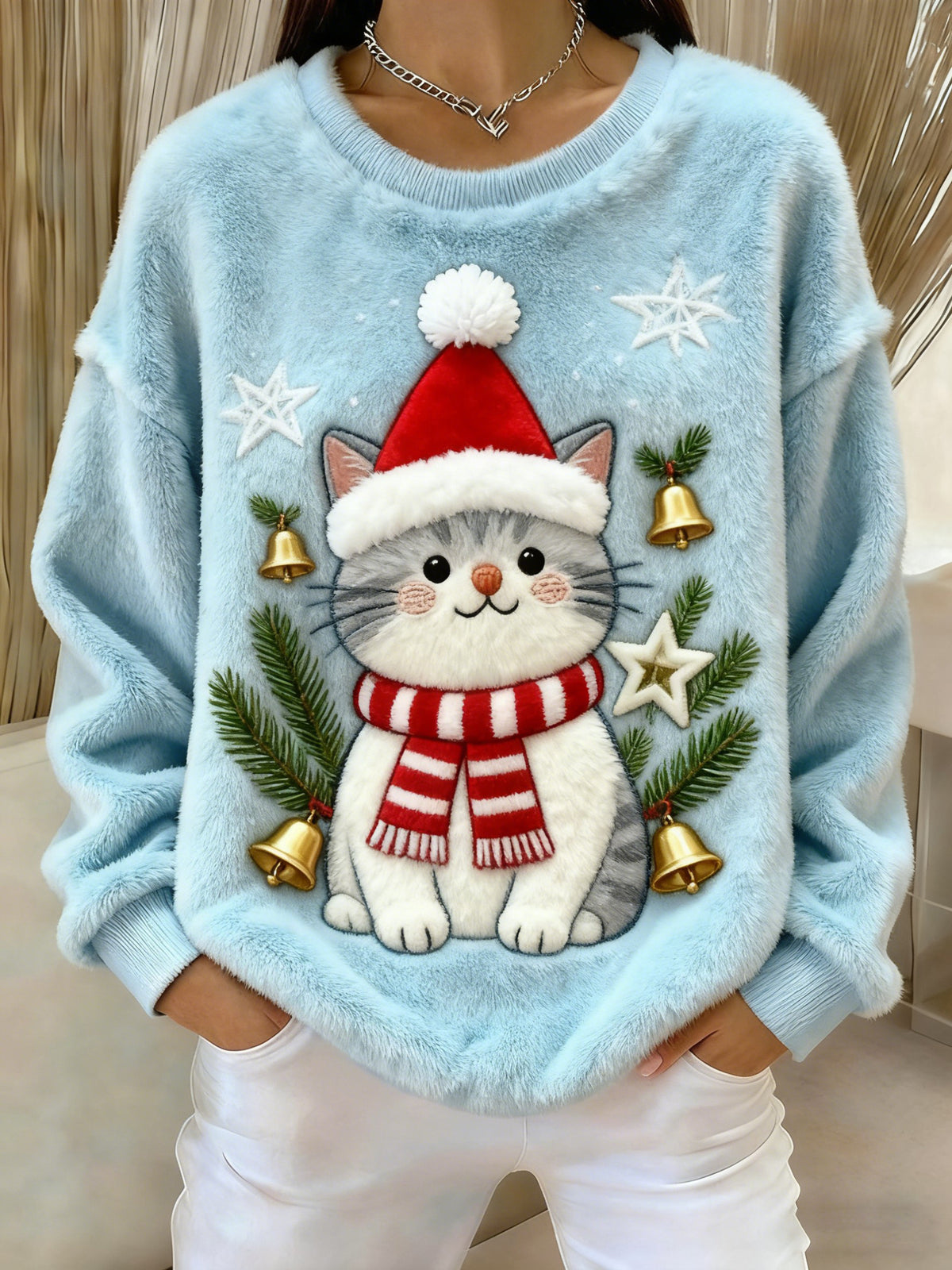 Damen Vintage Weihnachts katze bedrucktes Flanell-Sweatshirt