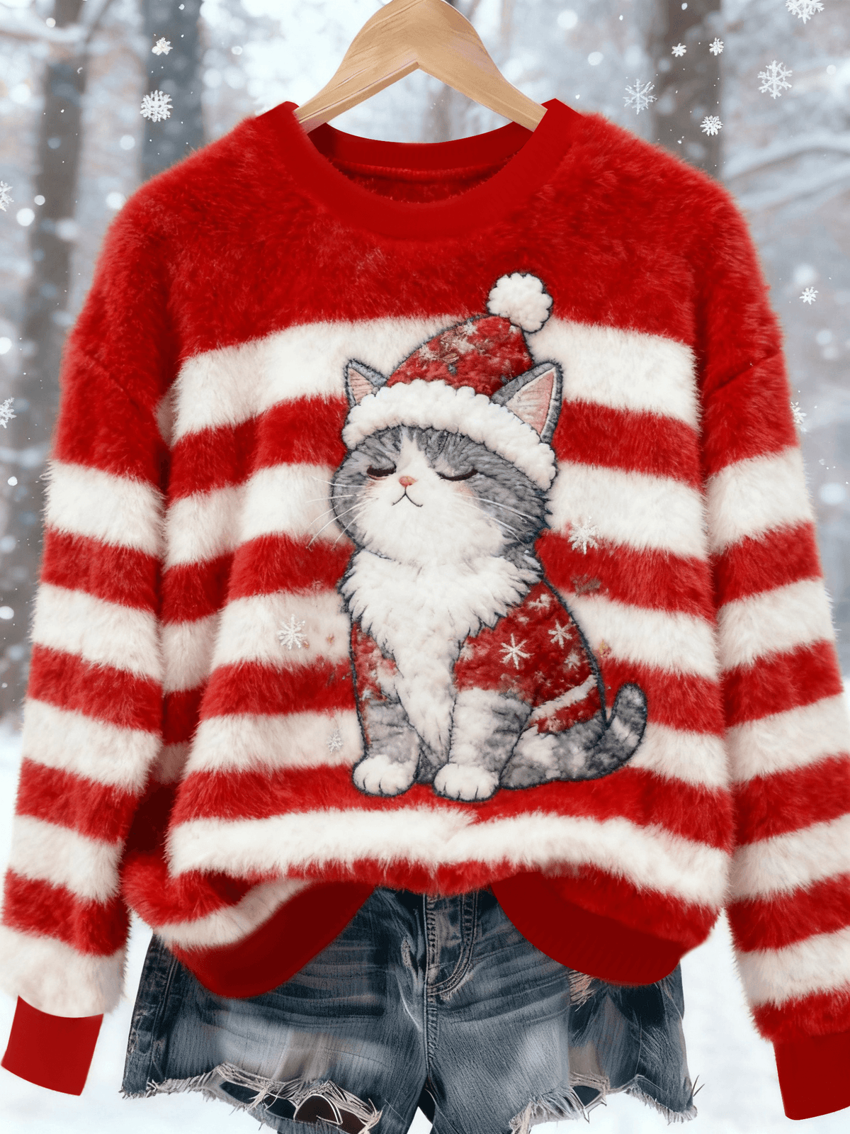 Damen Vintage Weihnachts katze bedrucktes Flanell-Sweatshirt