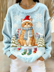 Damen Vintage Weihnachts katze bedrucktes Flanell-Sweatshirt