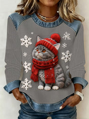 Damen niedliche Weihnachts katze Denim Patchwork Top