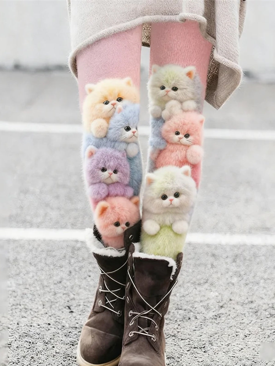 Damen schöne bunte flauschige Katzen Gemütliche Strick-Samt-Leggings