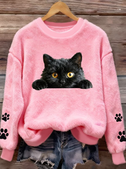 Damen Spaß Tier Katze Bedrucktes Flanell Sweatshirt