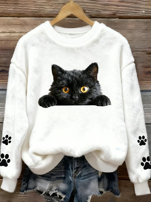 Damen Spaß Tier Katze Bedrucktes Flanell Sweatshirt