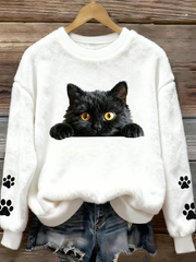 Damen Spaß Tier Katze Bedrucktes Flanell Sweatshirt