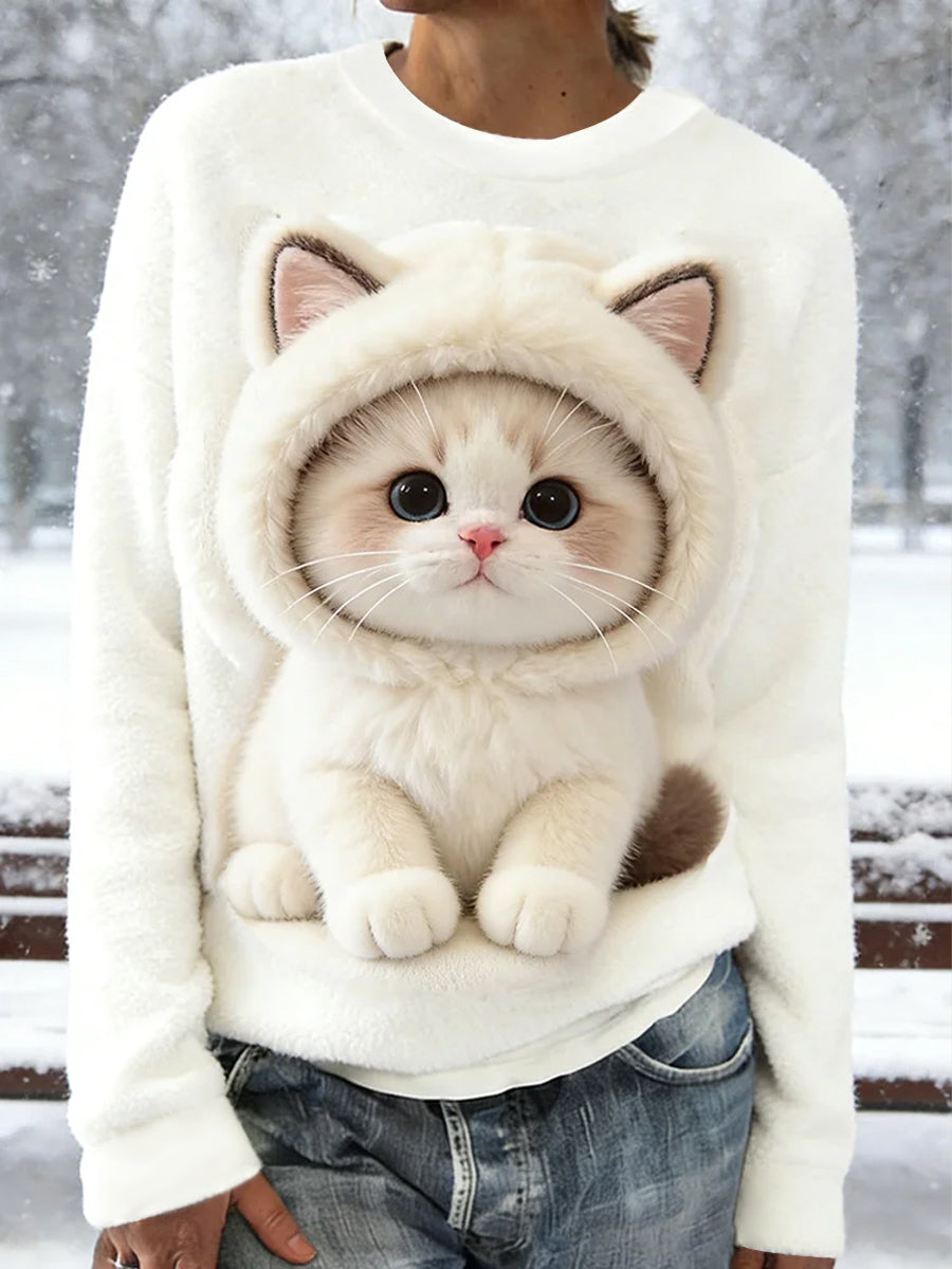 Damen niedliche Winter Katze Flanell Sweatshirt