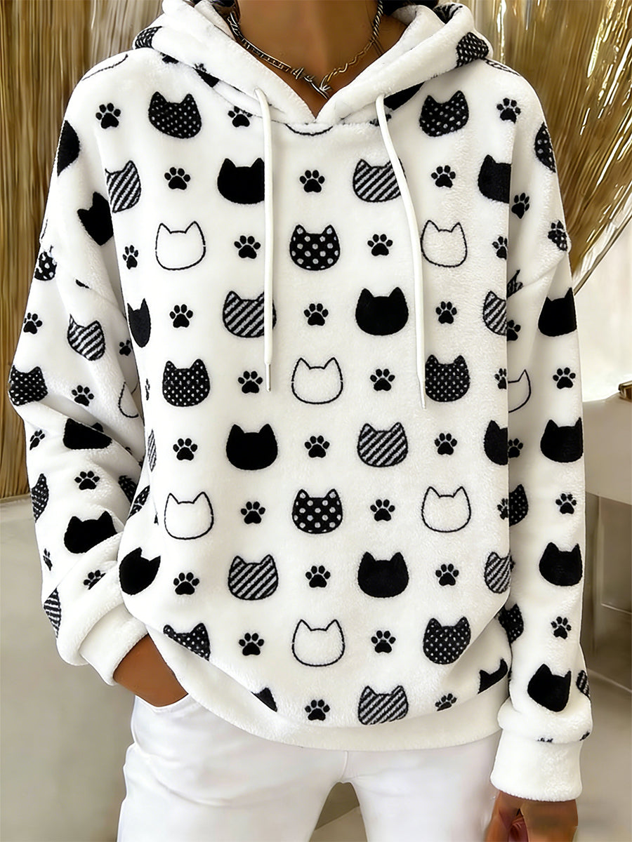 Beiläufiger Flanell-Hoodie mit niedlichem Katzen-Kunstdruck für Damen