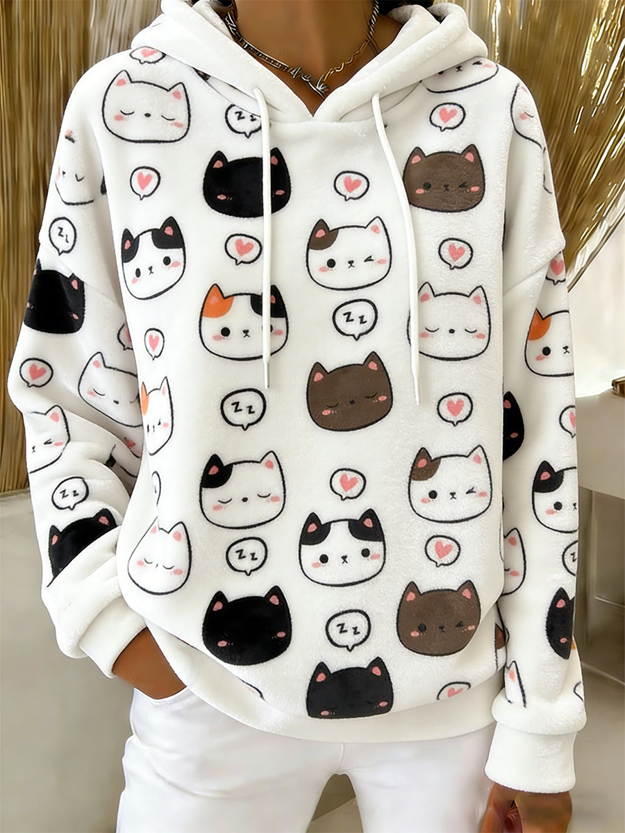 Beiläufiger Flanell-Hoodie mit niedlichem Katzen-Kunstdruck für Damen