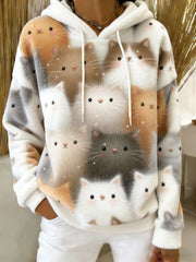 Beiläufiger Flanell-Hoodie mit niedlichem Katzen-Kunstdruck für Damen