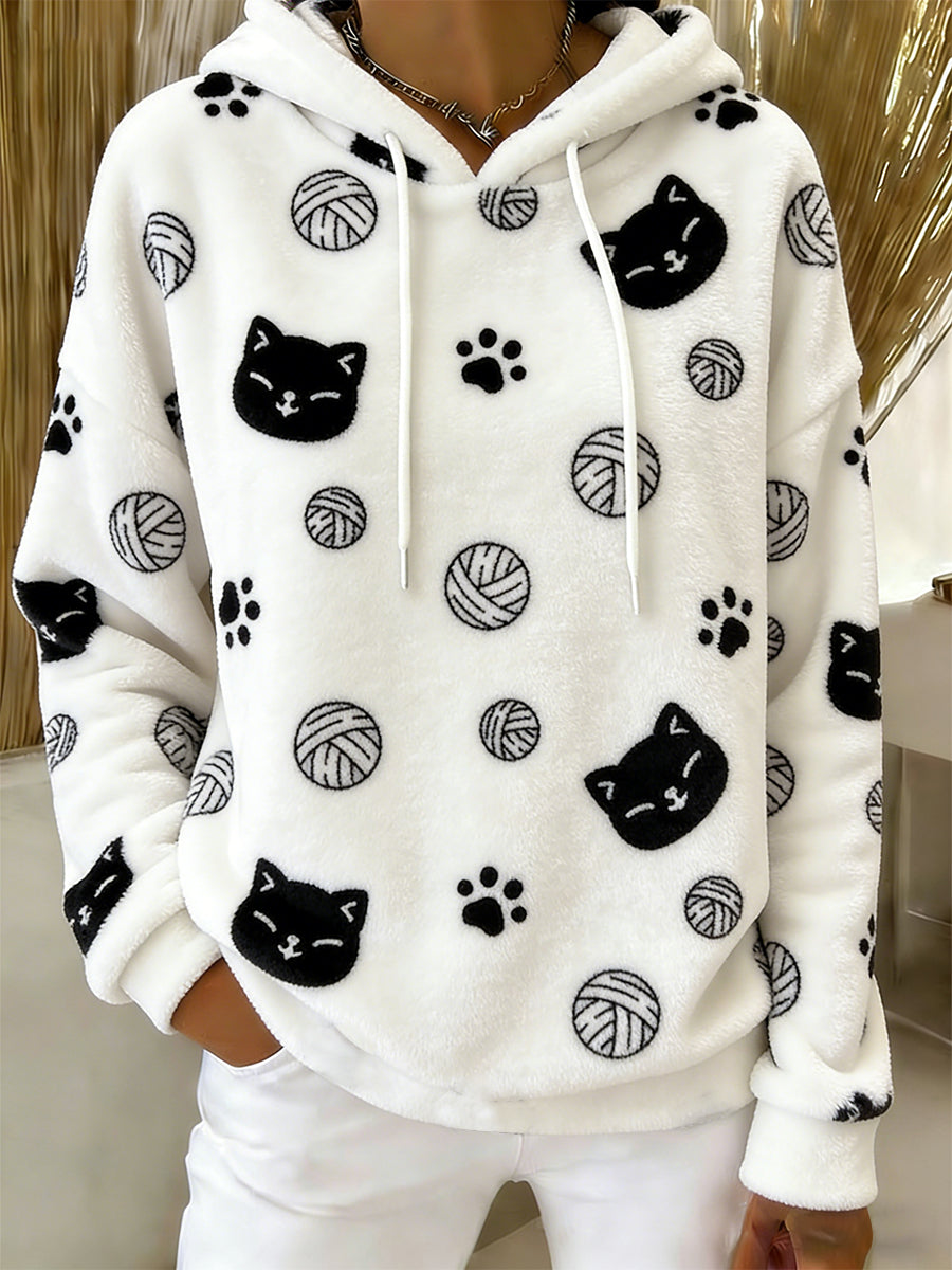 Beiläufiger Flanell-Hoodie mit niedlichem Katzen-Kunstdruck für Damen
