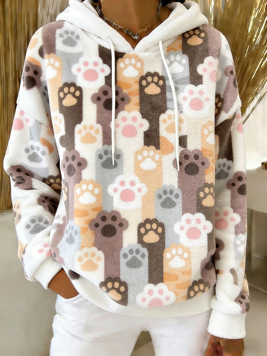 Beiläufiger Flanell-Hoodie mit niedlichem Katzen-Kunstdruck für Damen