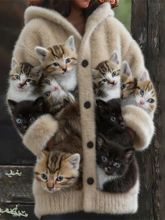 Damen Tier Katze Print Flanell Warme Jacke