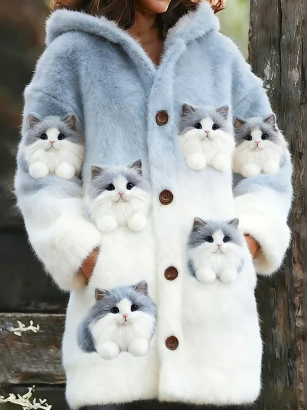 Damen Tier Katze Print Flanell Warme Jacke