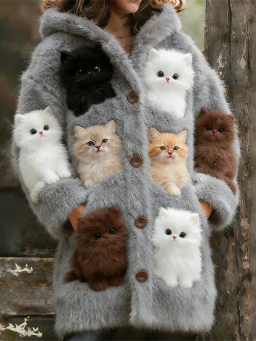 Damen Tier Katze Print Flanell Warme Jacke